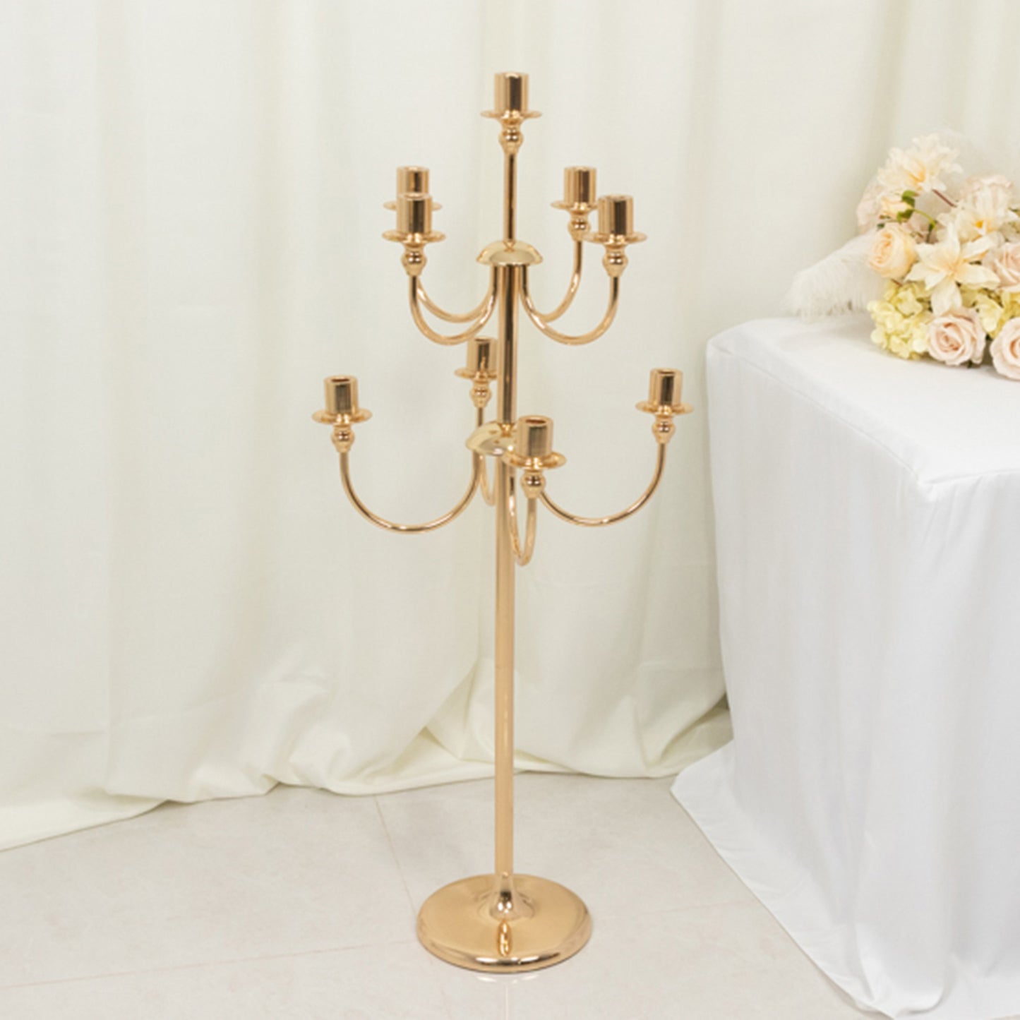 9-Arm Gold Metal Candelabra Candle Holder, Floor Standing Taper Candlestick Stand for Wedding, Home and Holiday Centerpieces - 46" Tall