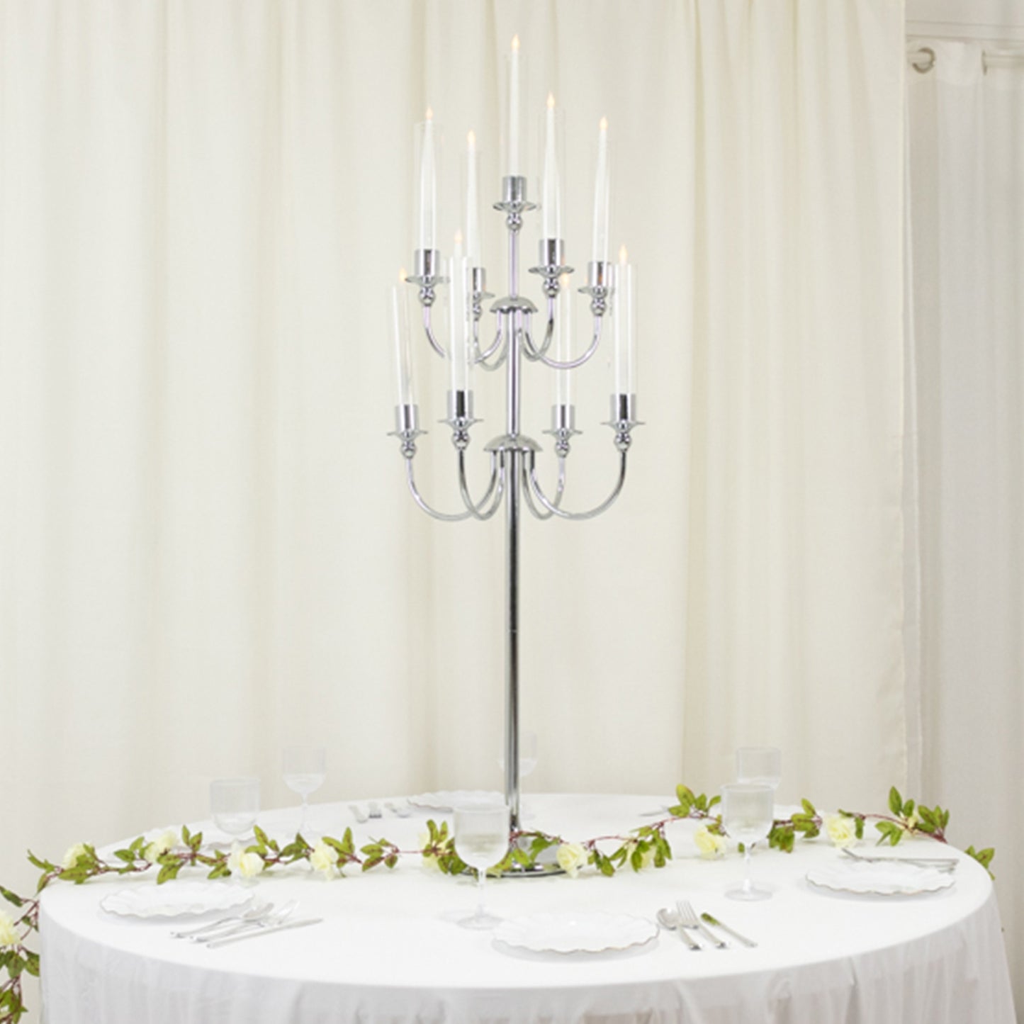 9-Arm Silver Metal Candelabra Candle Holder, Floor Standing Taper Candlestick Stand for Wedding, Home and Holiday Centerpieces - 46" Tall
