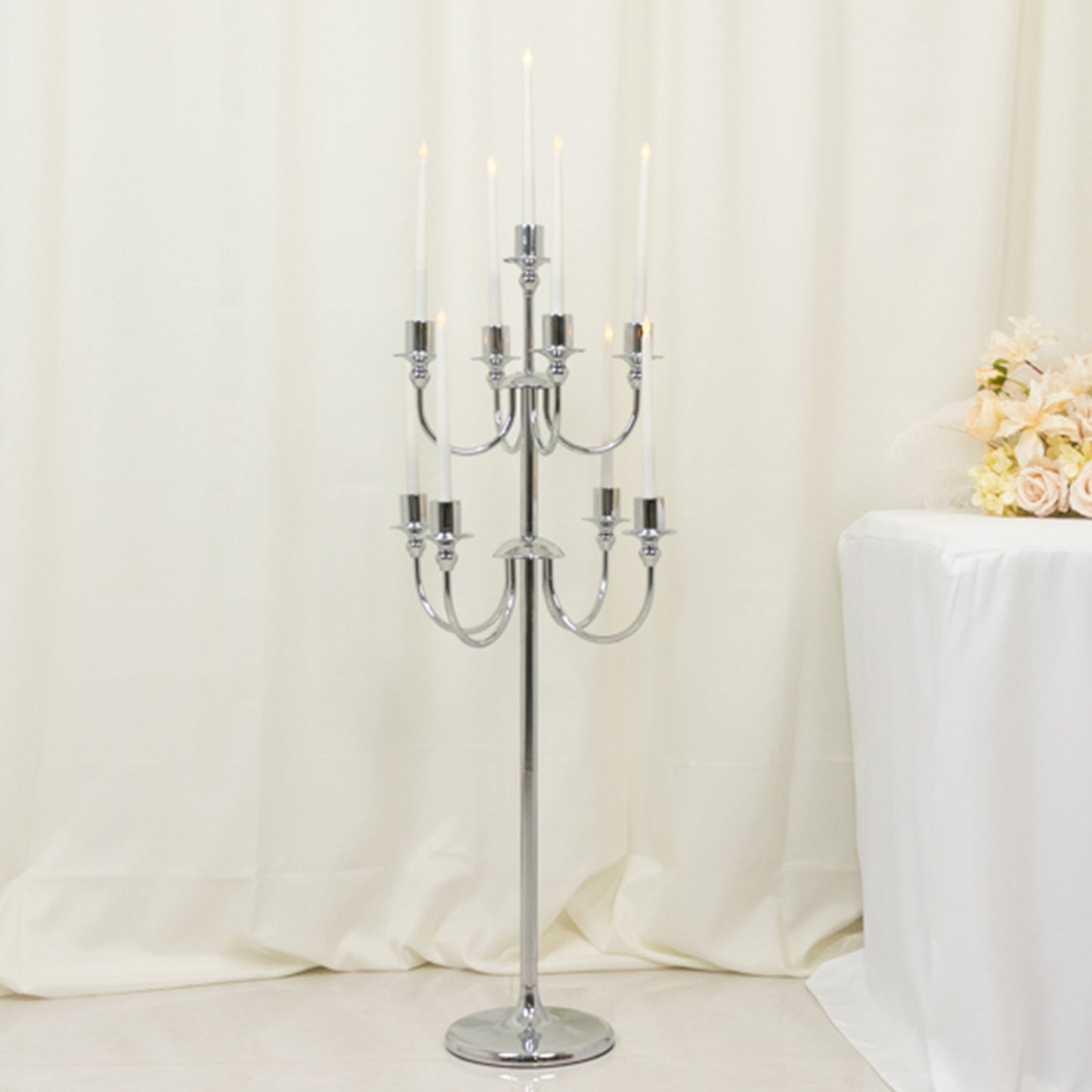 9-Arm Silver Metal Candelabra Candle Holder, Floor Standing Taper Candlestick Stand for Wedding, Home and Holiday Centerpieces - 46" Tall