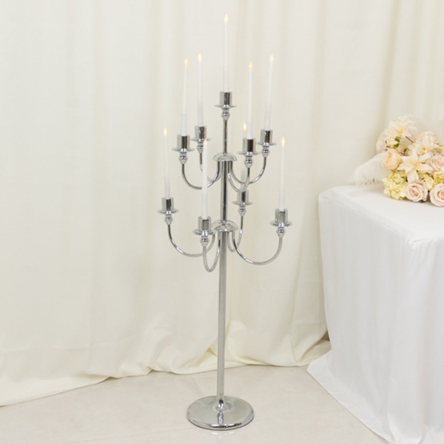 9-Arm Silver Metal Candelabra Candle Holder, Floor Standing Taper Candlestick Stand for Wedding, Home and Holiday Centerpieces - 46" Tall