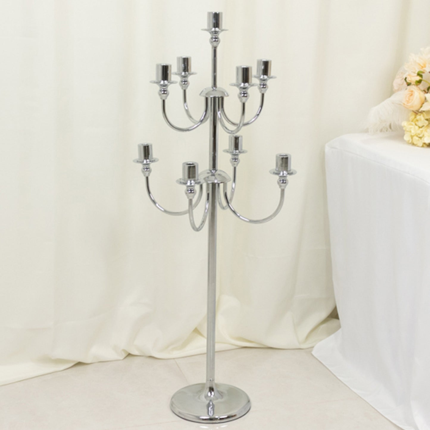 9-Arm Silver Metal Candelabra Candle Holder, Floor Standing Taper Candlestick Stand for Wedding, Home and Holiday Centerpieces - 46" Tall