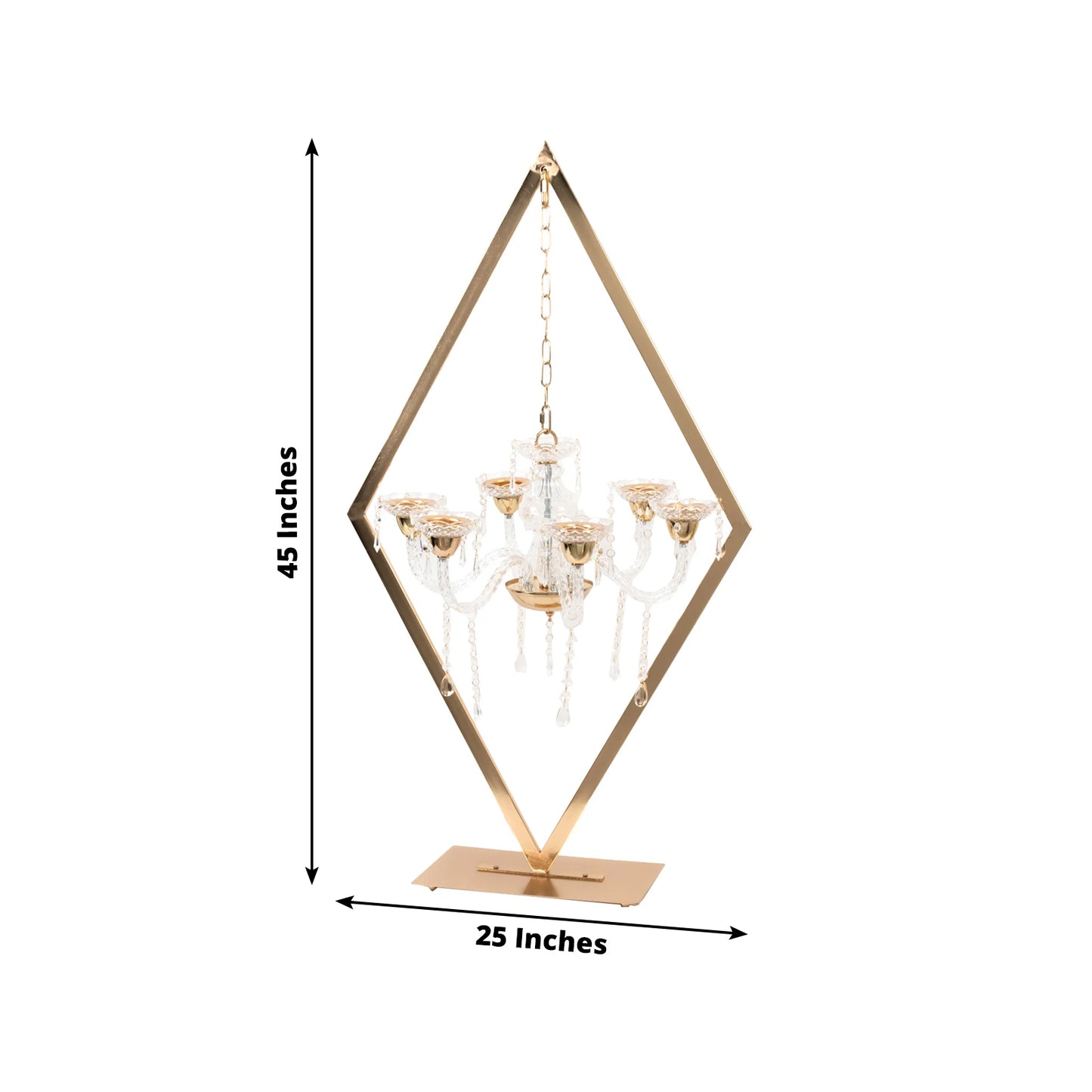 Gold 6-arm acrylic candelabra centerpiece with candle holders, 45 inches tall.