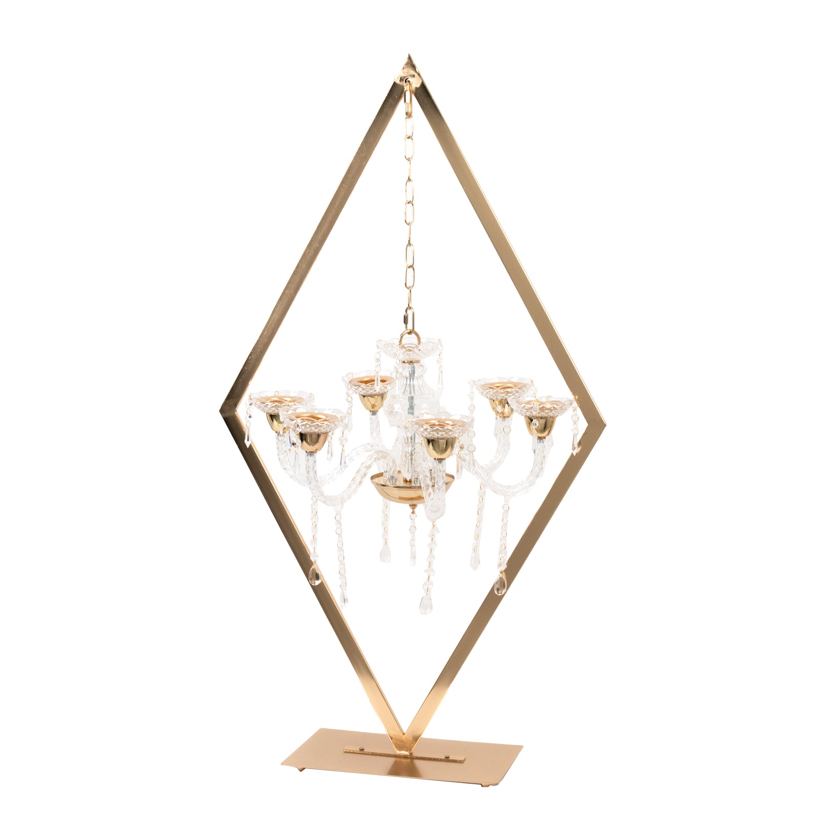 Gold 6-arm acrylic candelabra centerpiece with candle holders.