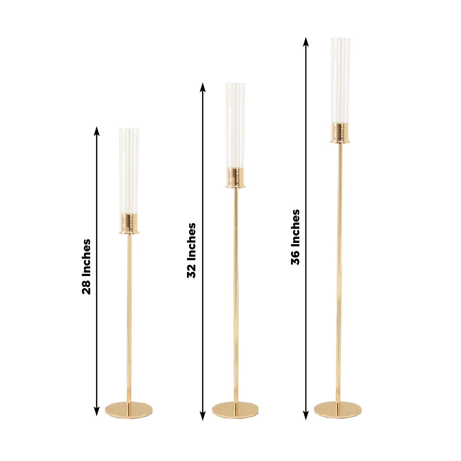 Gold metal taper candle holders with hurricane glass shades, set of 3.