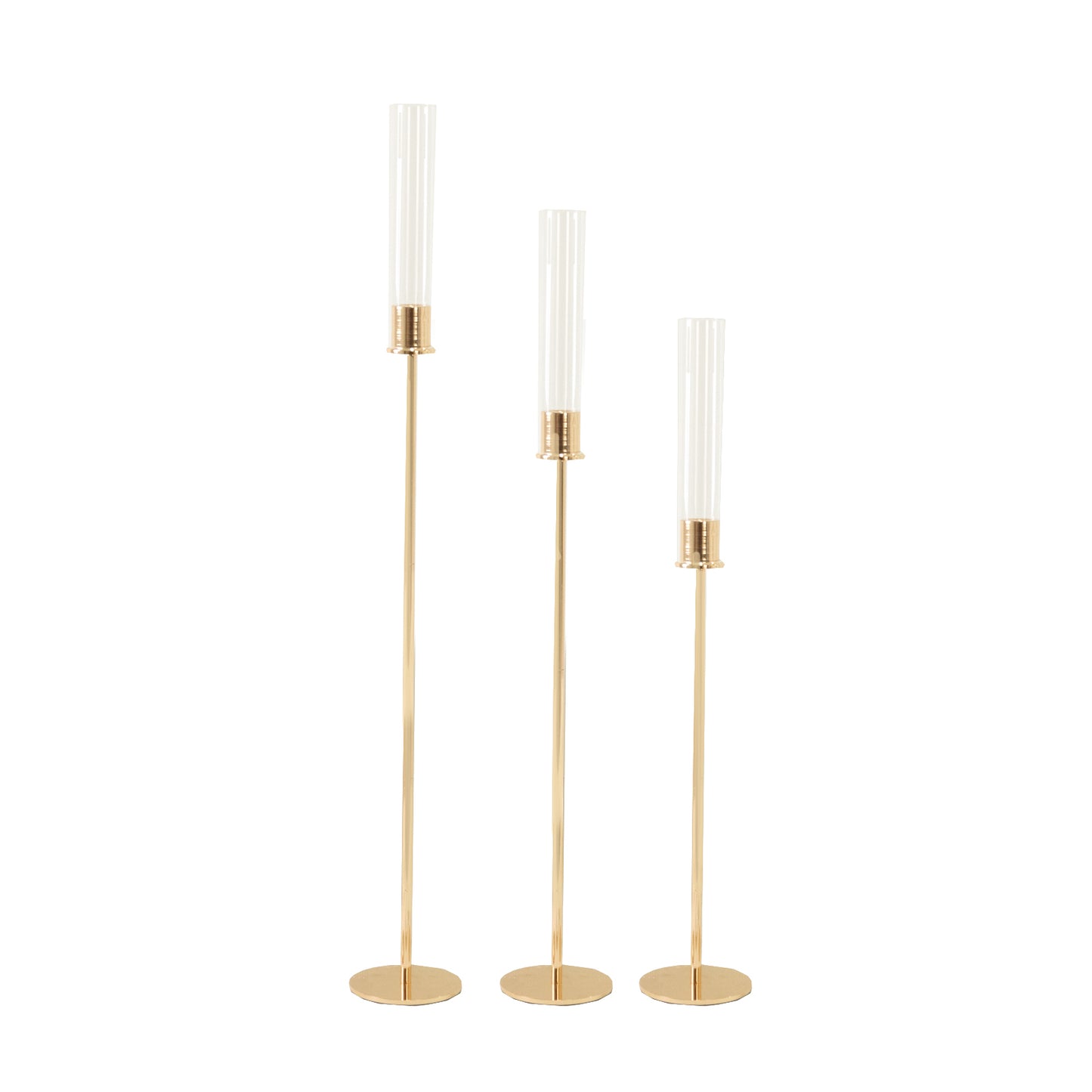 Gold metal taper candle holders with hurricane glass shades, set of 3.