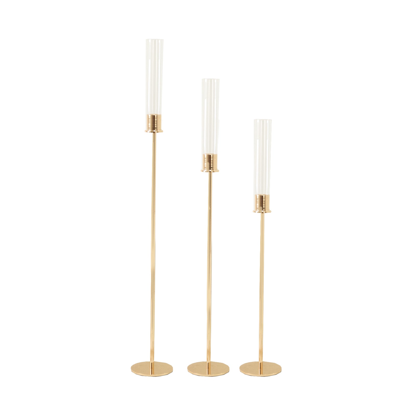 Gold metal taper candle holders with hurricane glass shades, set of 3.