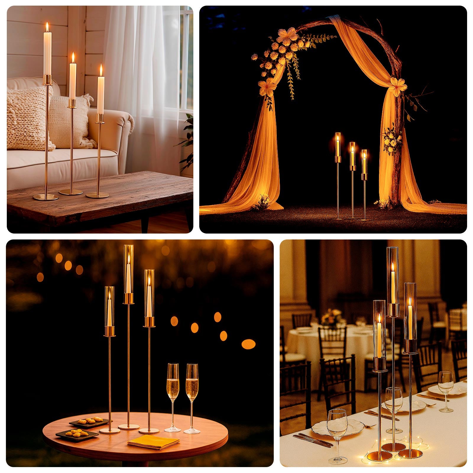 Gold metal taper candle holders with hurricane glass shades, set of 3.