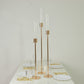 Gold metal taper candle holders with hurricane glass shades, set of 3.