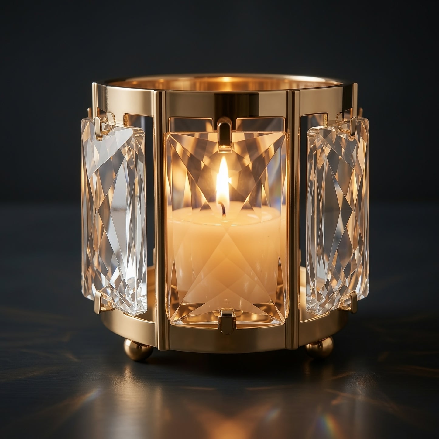6 Pack 3" Gold Votive Candle Holders, Metal Frame Tea Light Cups with Faceted Crystal Pendant Panels