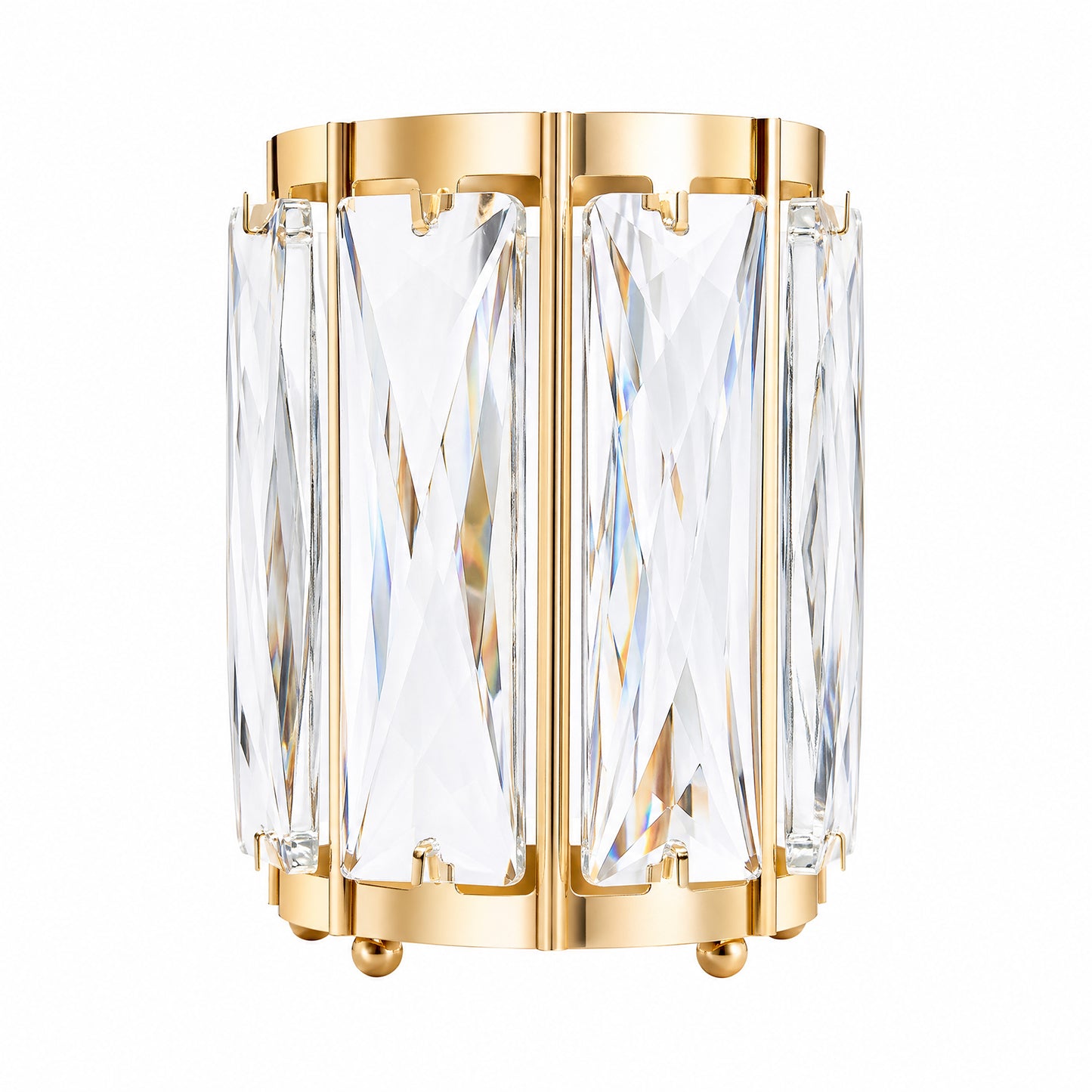 6 Pack Gold Pillar Candle Holders, 5" Tall Metal Frame Cylinder Cups with Faceted Crystal Pendant Pa