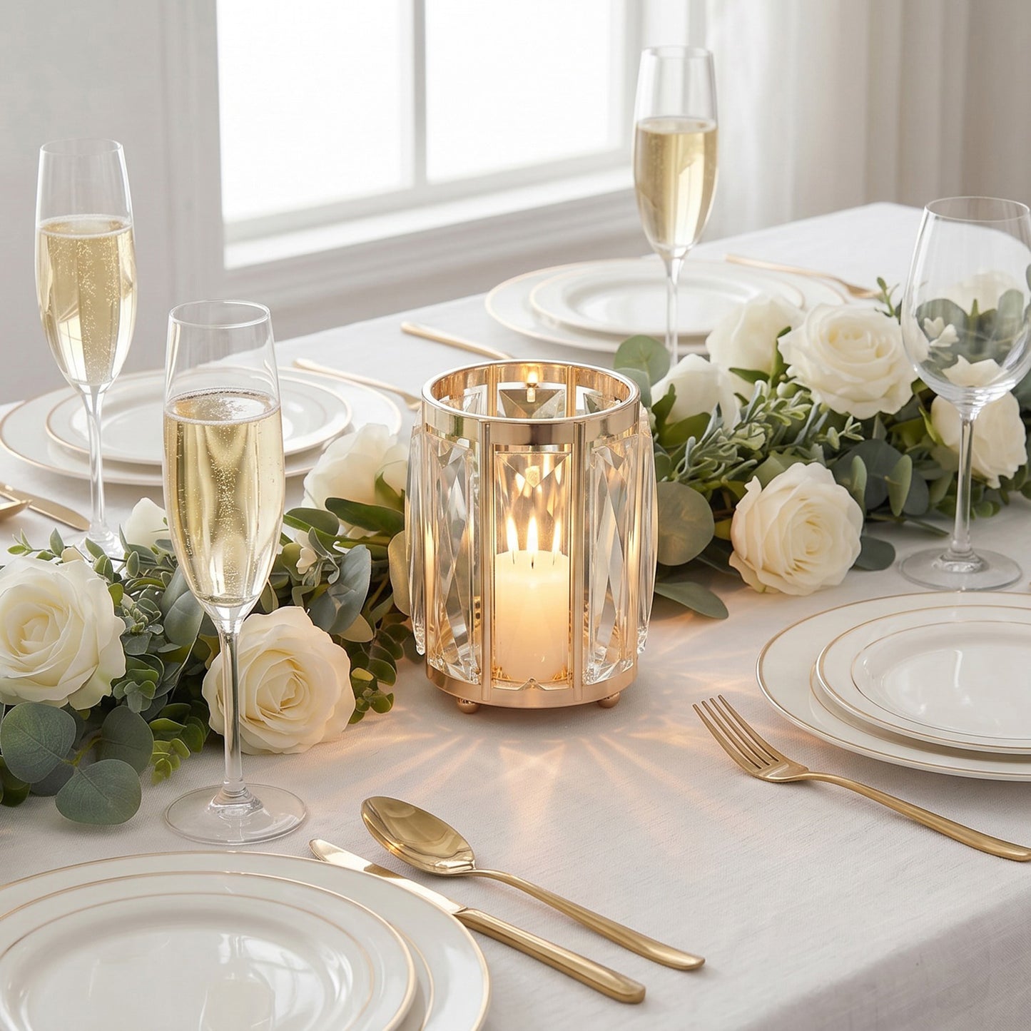 6 Pack Gold Pillar Candle Holders, 5" Tall Metal Frame Cylinder Cups with Faceted Crystal Pendant Pa