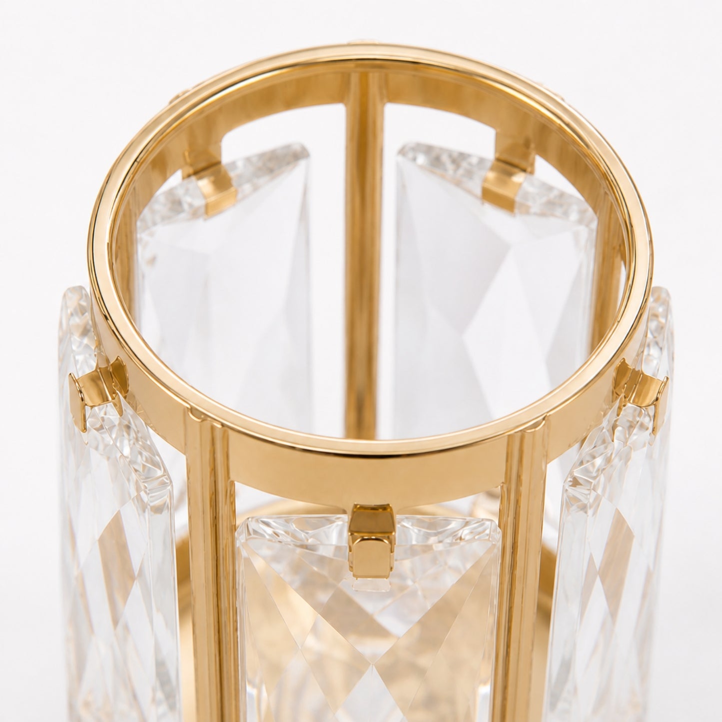 6 Pack Gold Pillar Candle Holders, 5" Tall Metal Frame Cylinder Cups with Faceted Crystal Pendant Pa