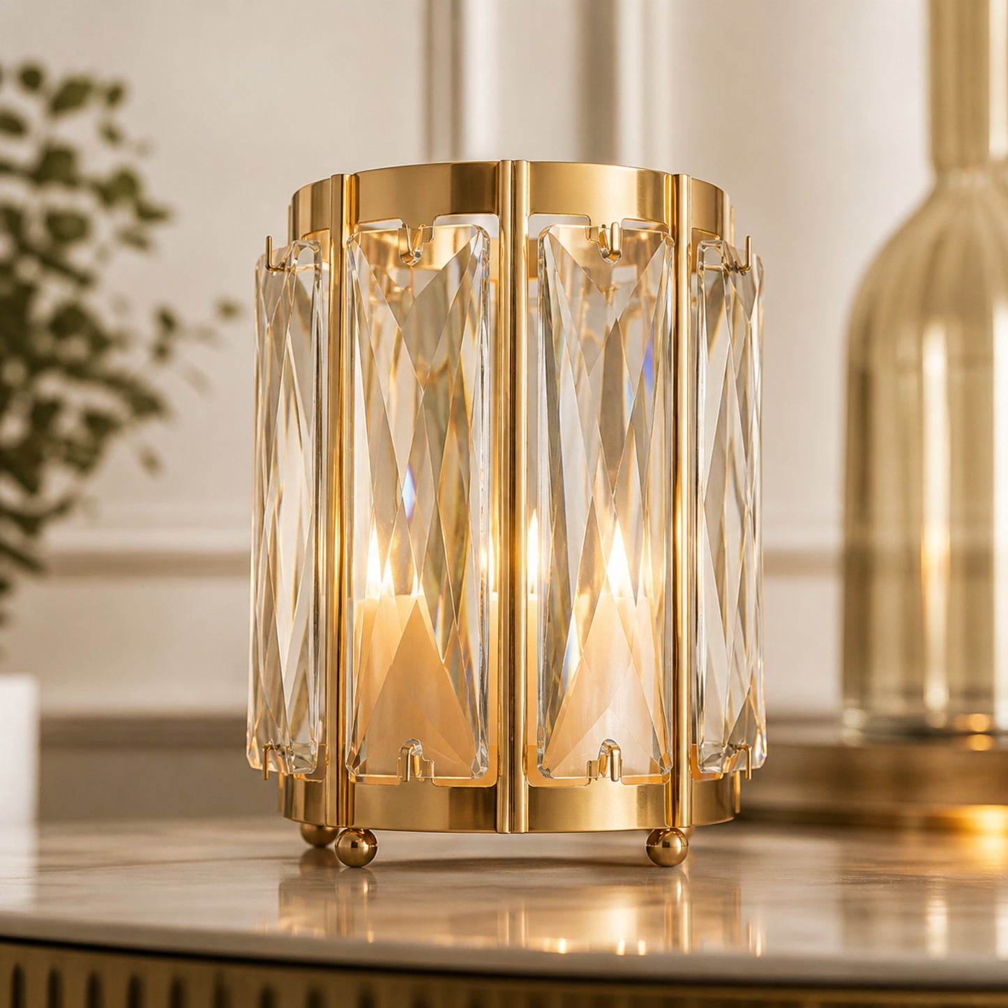 6 Pack Gold Pillar Candle Holders, 5" Tall Metal Frame Cylinder Cups with Faceted Crystal Pendant Pa