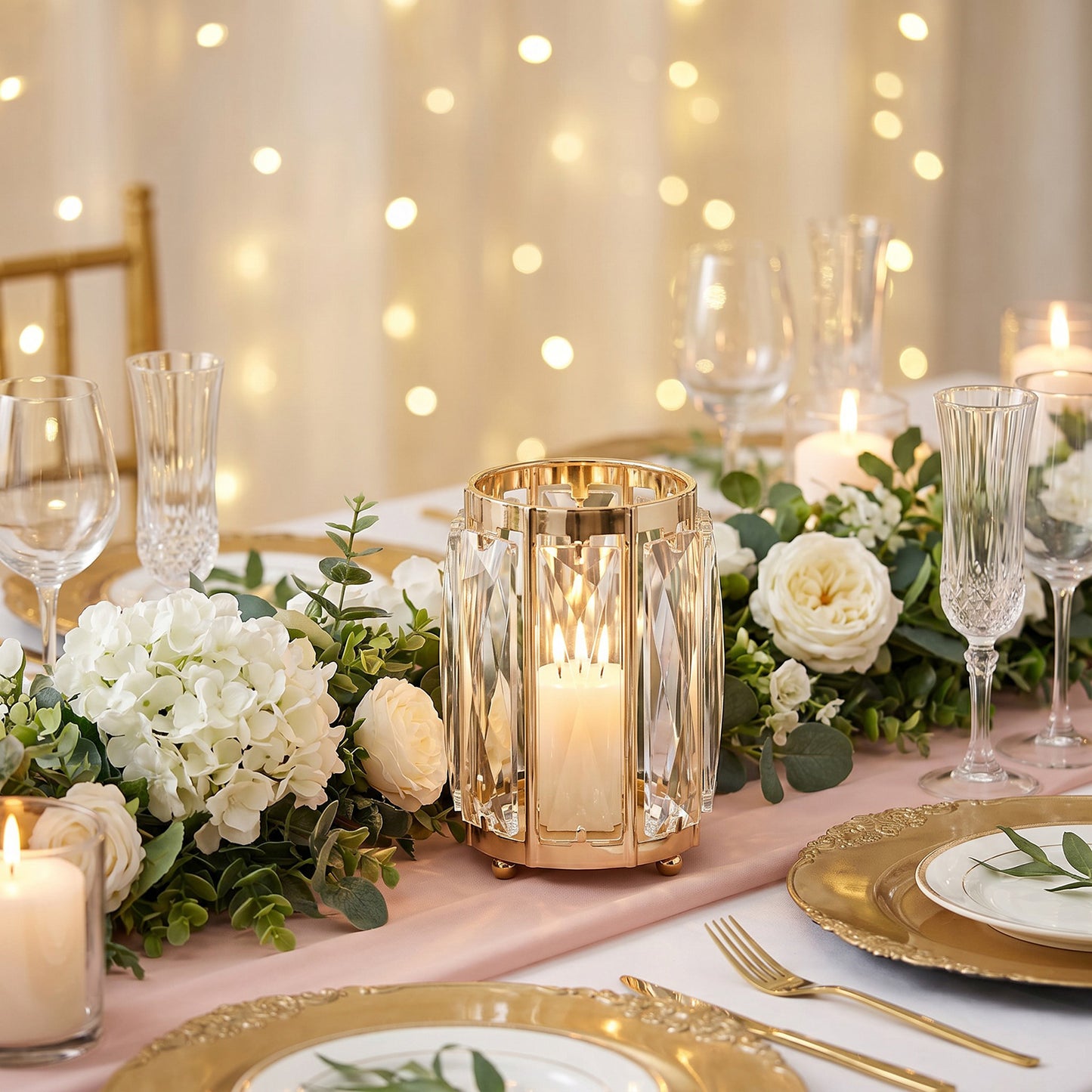 6 Pack Gold Pillar Candle Holders, 5" Tall Metal Frame Cylinder Cups with Faceted Crystal Pendant Pa