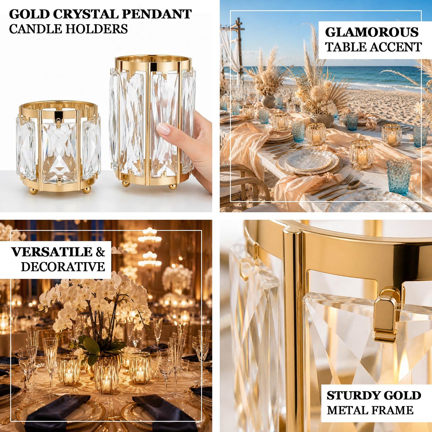 Gold crystal pendant votive candle holders with faceted acrylic panels for wedding table centerpiece