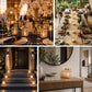 Decorative gold crystal votive candle holders illuminating a table setting