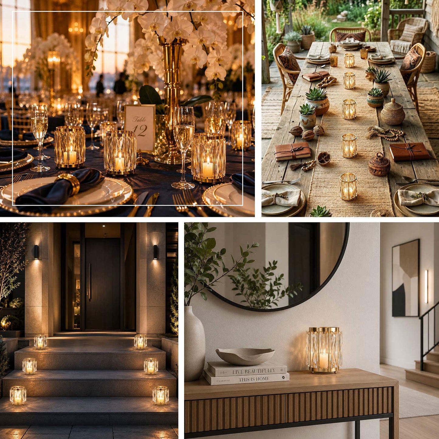 Decorative gold crystal votive candle holders illuminating a table setting