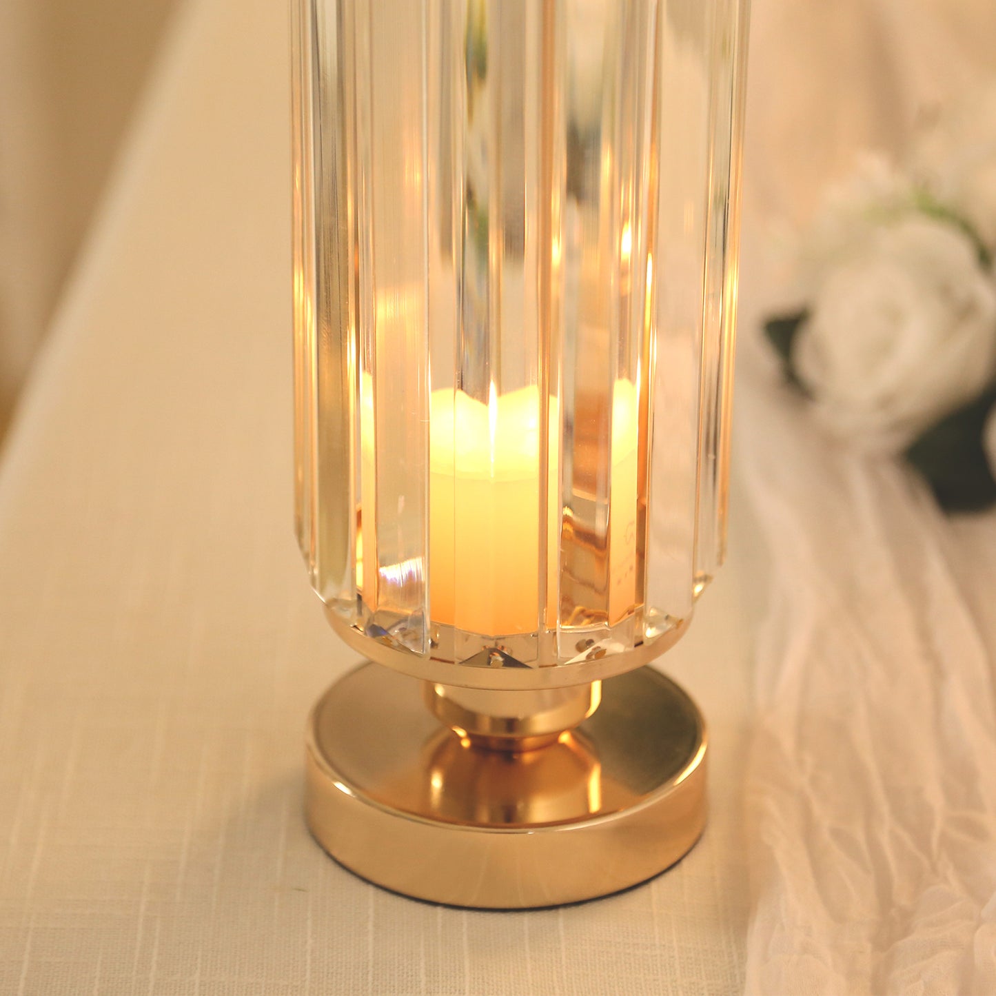 2 Pack 11" Crystal Pendant Hurricane Candle Holders in Gold, Elegant Cylinder Design for Pillar Candles, Short-Stemmed, Decorative Table Centerpieces