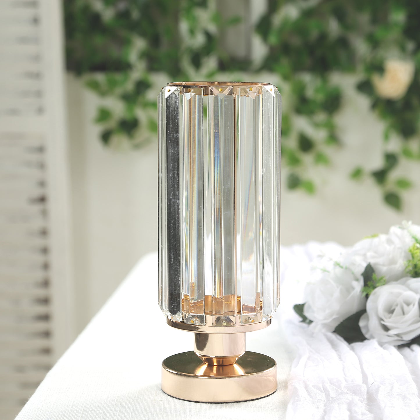 2 Pack 11" Crystal Pendant Hurricane Candle Holders in Gold, Elegant Cylinder Design for Pillar Candles, Short-Stemmed, Decorative Table Centerpieces
