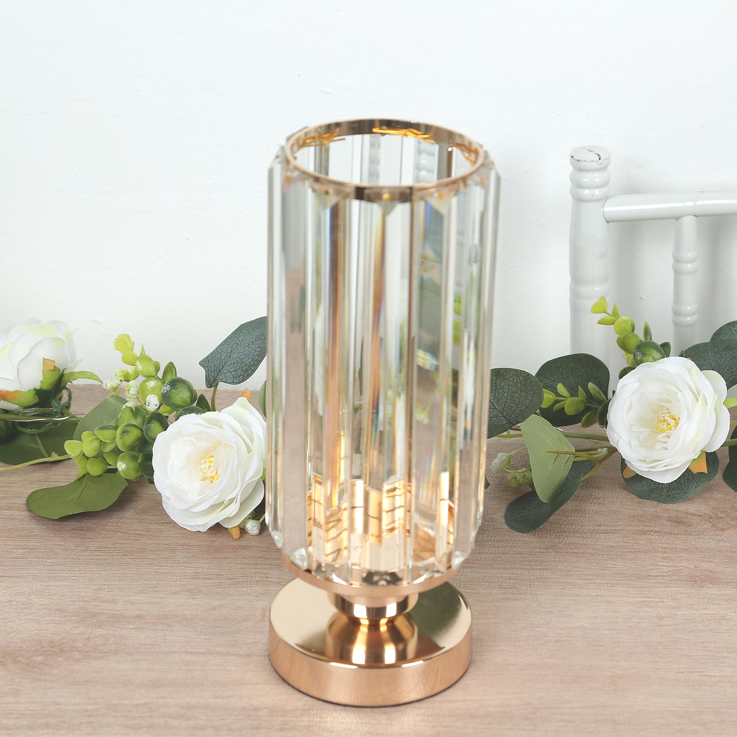 2 Pack 11" Crystal Pendant Hurricane Candle Holders in Gold, Elegant Cylinder Design for Pillar Candles, Short-Stemmed, Decorative Table Centerpieces