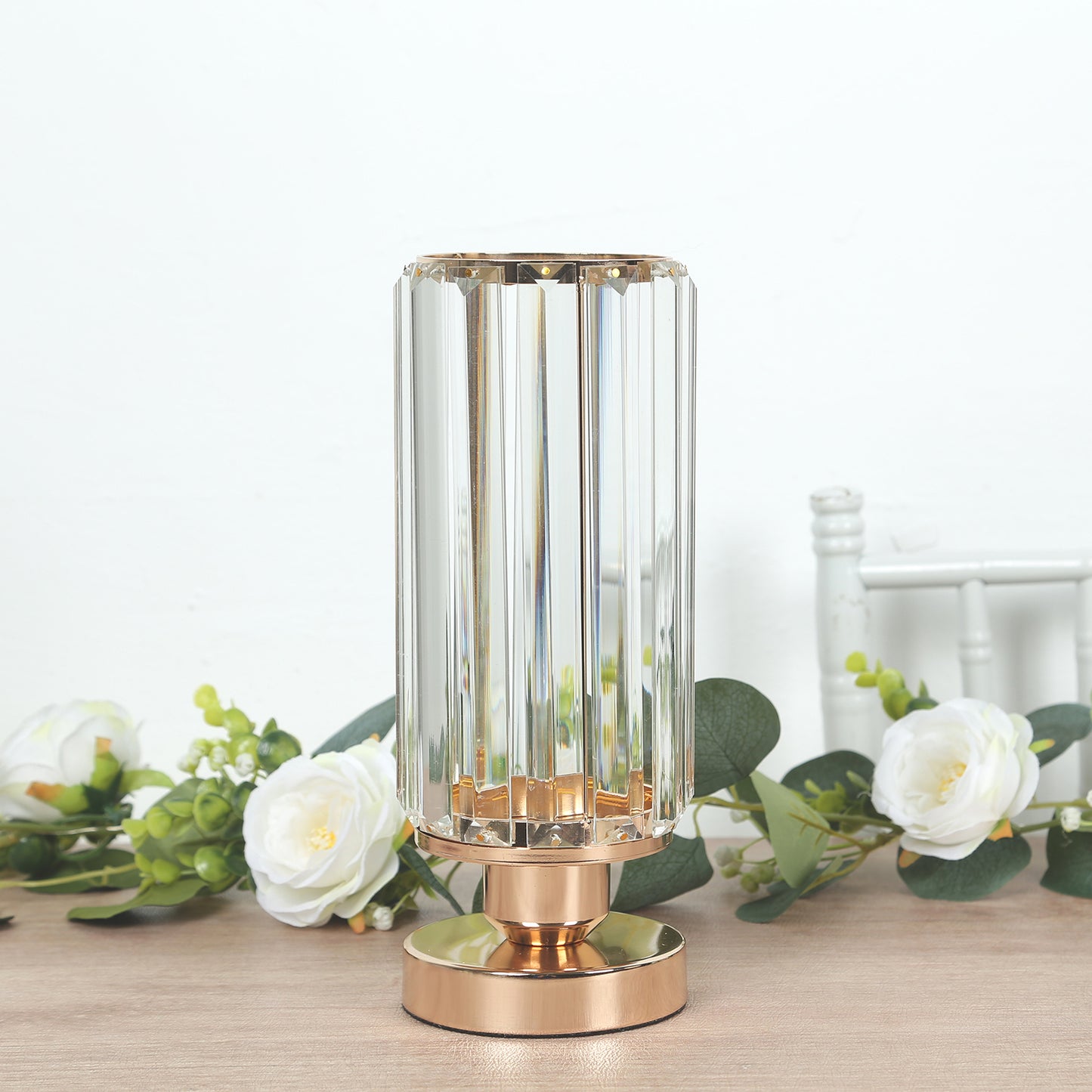 2 Pack 11" Crystal Pendant Hurricane Candle Holders in Gold, Elegant Cylinder Design for Pillar Candles, Short-Stemmed, Decorative Table Centerpieces