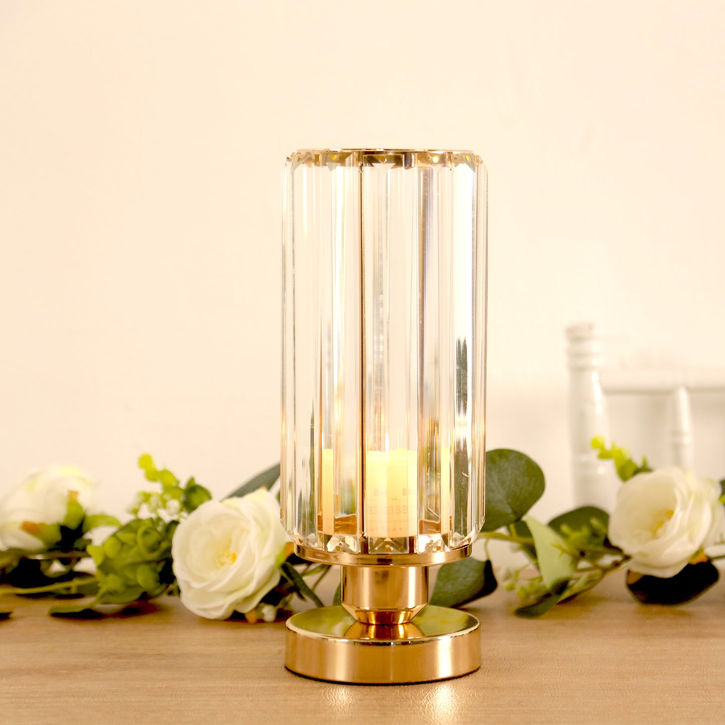 2 Pack 11" Crystal Pendant Hurricane Candle Holders in Gold, Elegant Cylinder Design for Pillar Candles, Short-Stemmed, Decorative Table Centerpieces