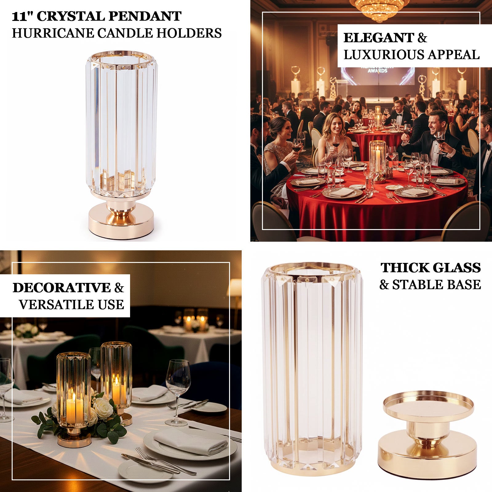2 Pack 11" Crystal Pendant Hurricane Candle Holders in Gold, Elegant Cylinder Design for Pillar Candles