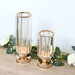 2 Pack 13" Crystal Pendant Hurricane Candle Holders, Gold Metal Base Elegant Fluted Glass Pillar Can
