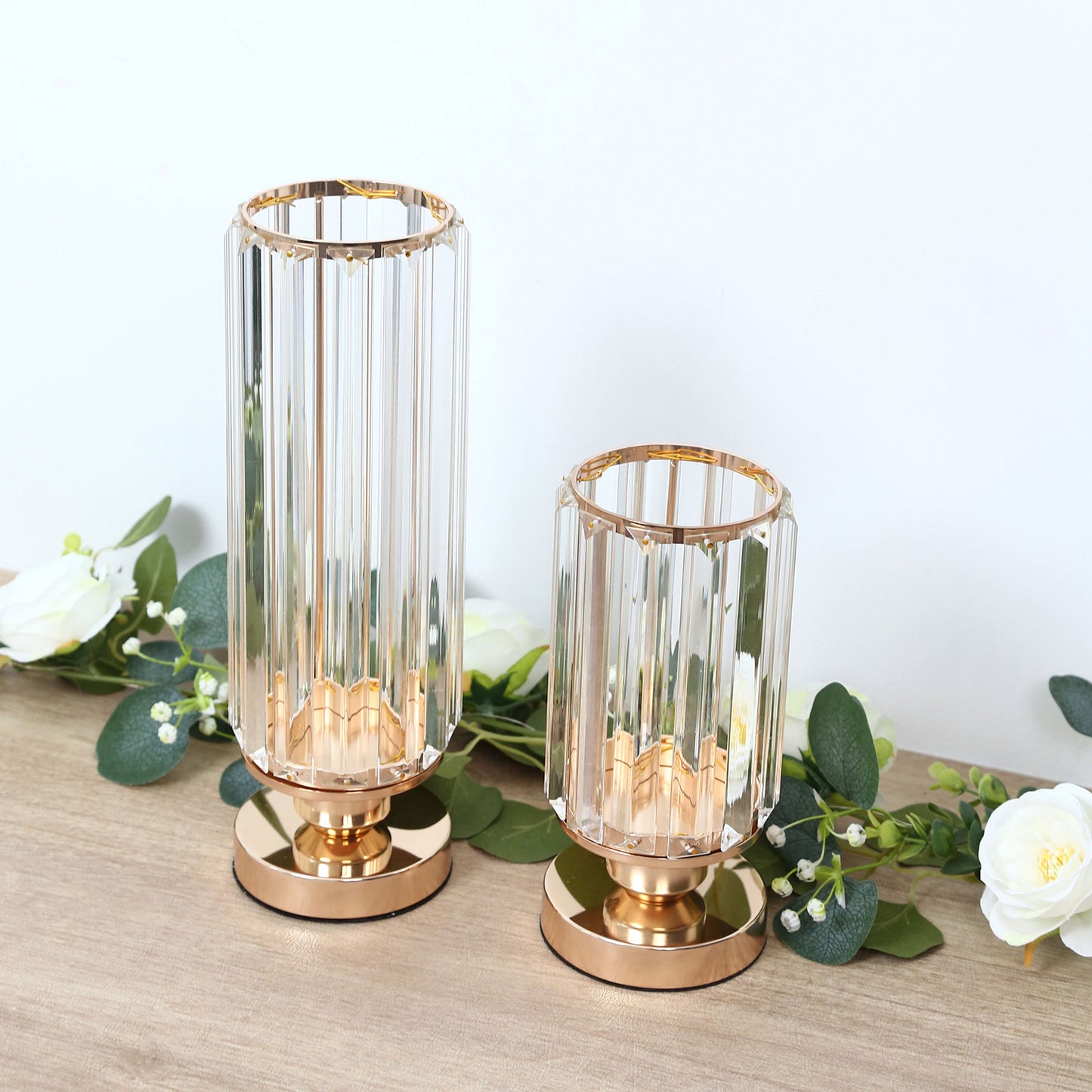 2 Pack 13" Crystal Pendant Hurricane Candle Holders, Gold Metal Base Elegant Fluted Glass Pillar Can