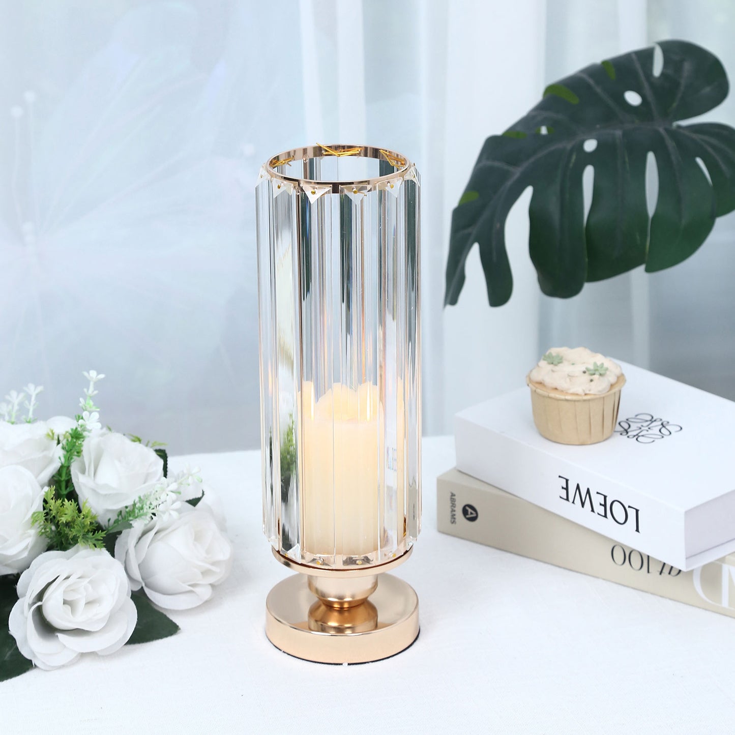 2 Pack 13" Crystal Pendant Hurricane Candle Holders, Gold Metal Base Elegant Fluted Glass Pillar Can