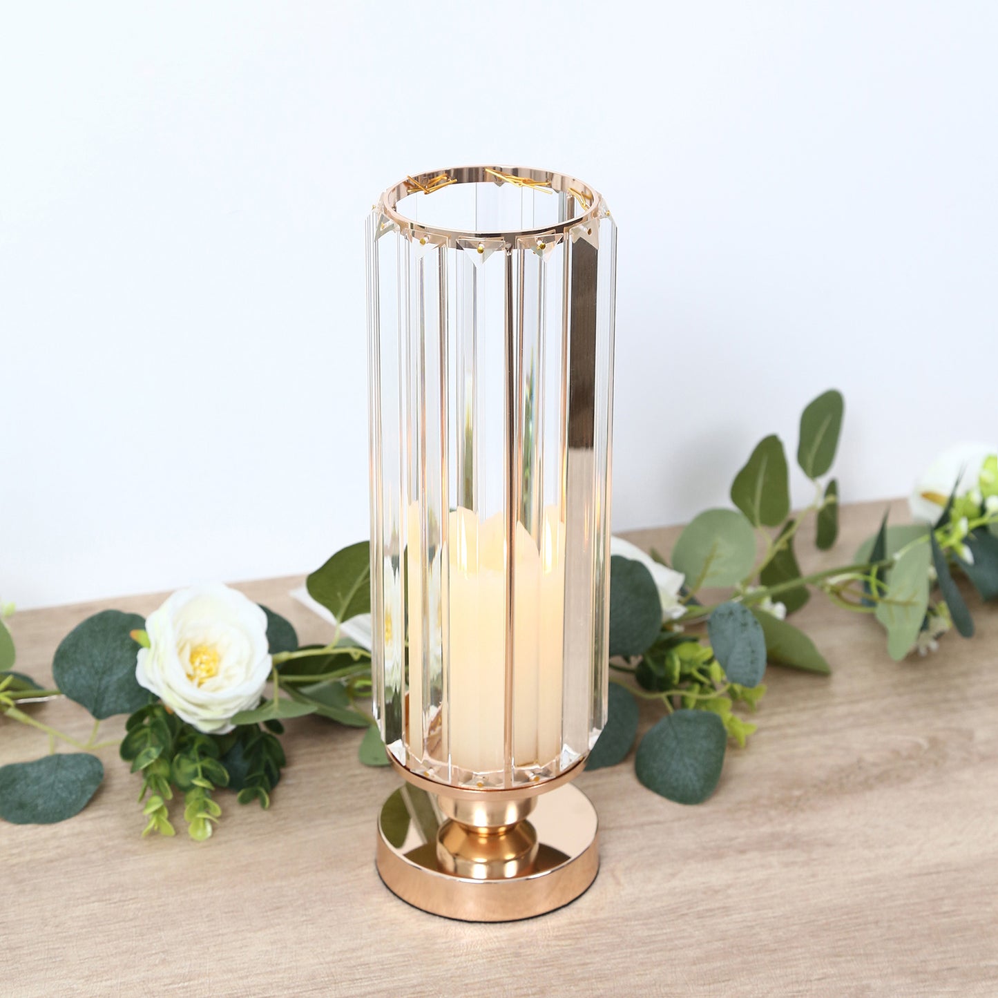 2 Pack 13" Crystal Pendant Hurricane Candle Holders, Gold Metal Base Elegant Fluted Glass Pillar Can