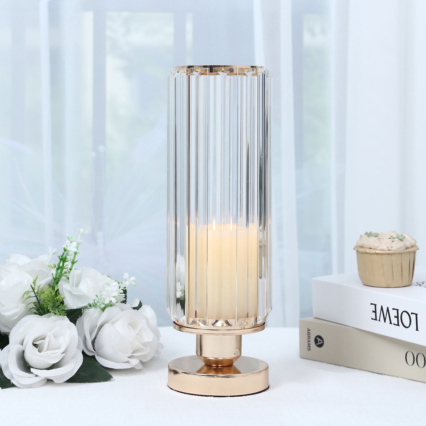 2 Pack 13" Crystal Pendant Hurricane Candle Holders, Gold Metal Base Elegant Fluted Glass Pillar Can