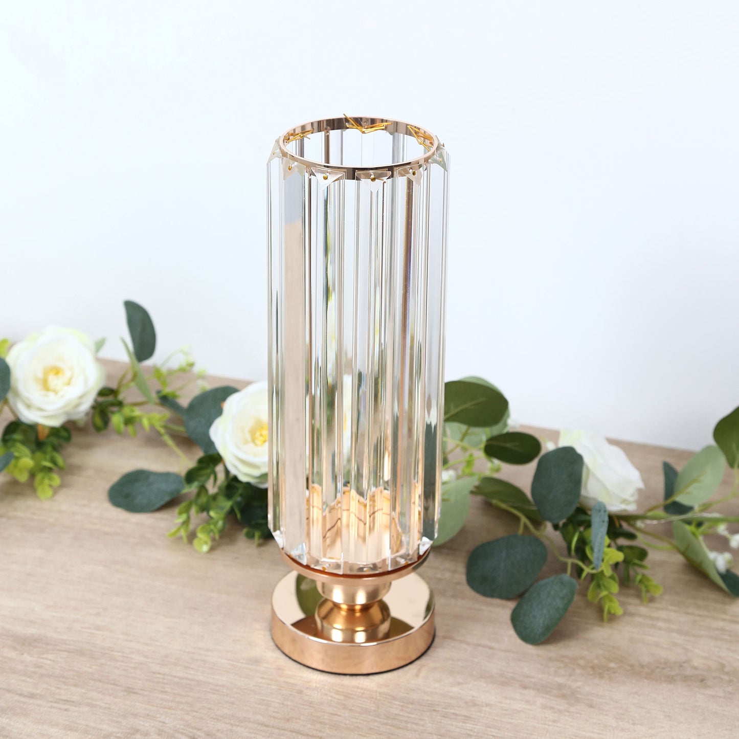 2 Pack 13" Crystal Pendant Hurricane Candle Holders, Gold Metal Base Elegant Fluted Glass Pillar Can
