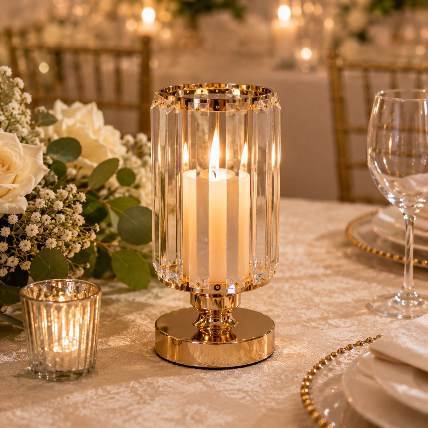 2 Pack 8.5" Crystal Pendant Hurricane Candle Holders, Gold Metal Base Elegant Fluted Glass Pillar Ca
