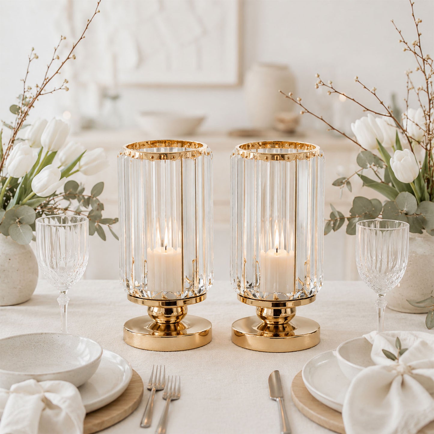 2 Pack 8.5" Crystal Pendant Hurricane Candle Holders, Gold Metal Base Elegant Fluted Glass Pillar Ca