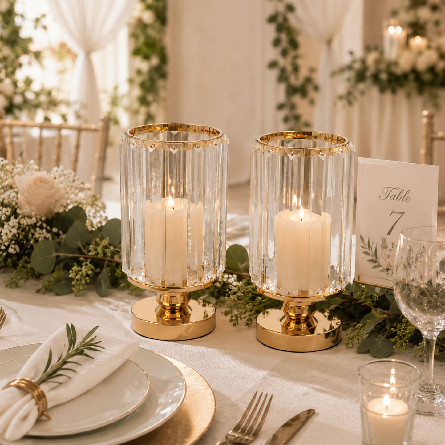 2 Pack 8.5" Crystal Pendant Hurricane Candle Holders, Gold Metal Base Elegant Fluted Glass Pillar Ca