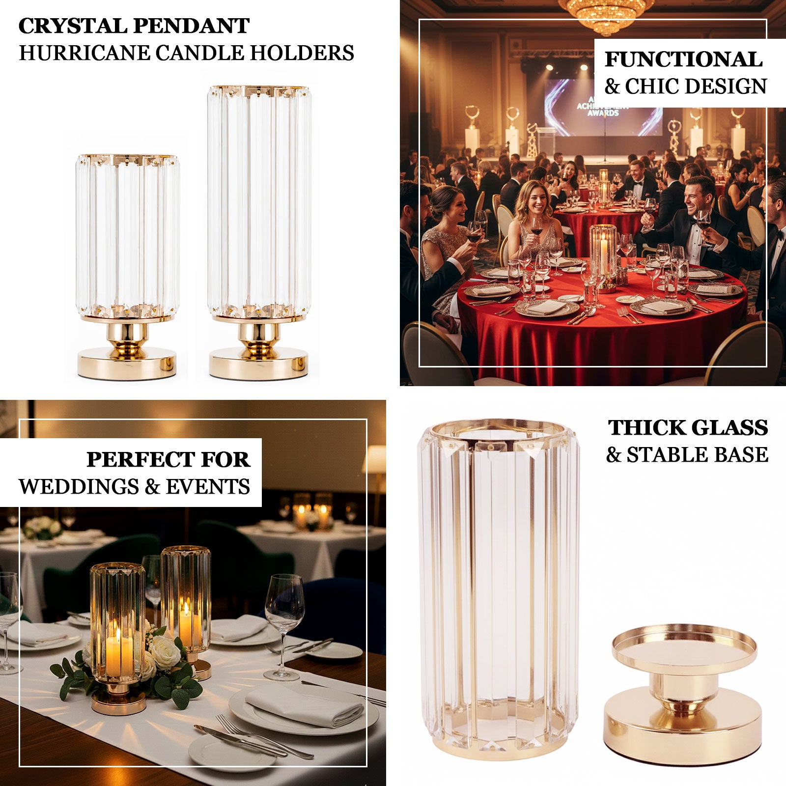 Gold hurricane candle holders for elegant table centerpieces.