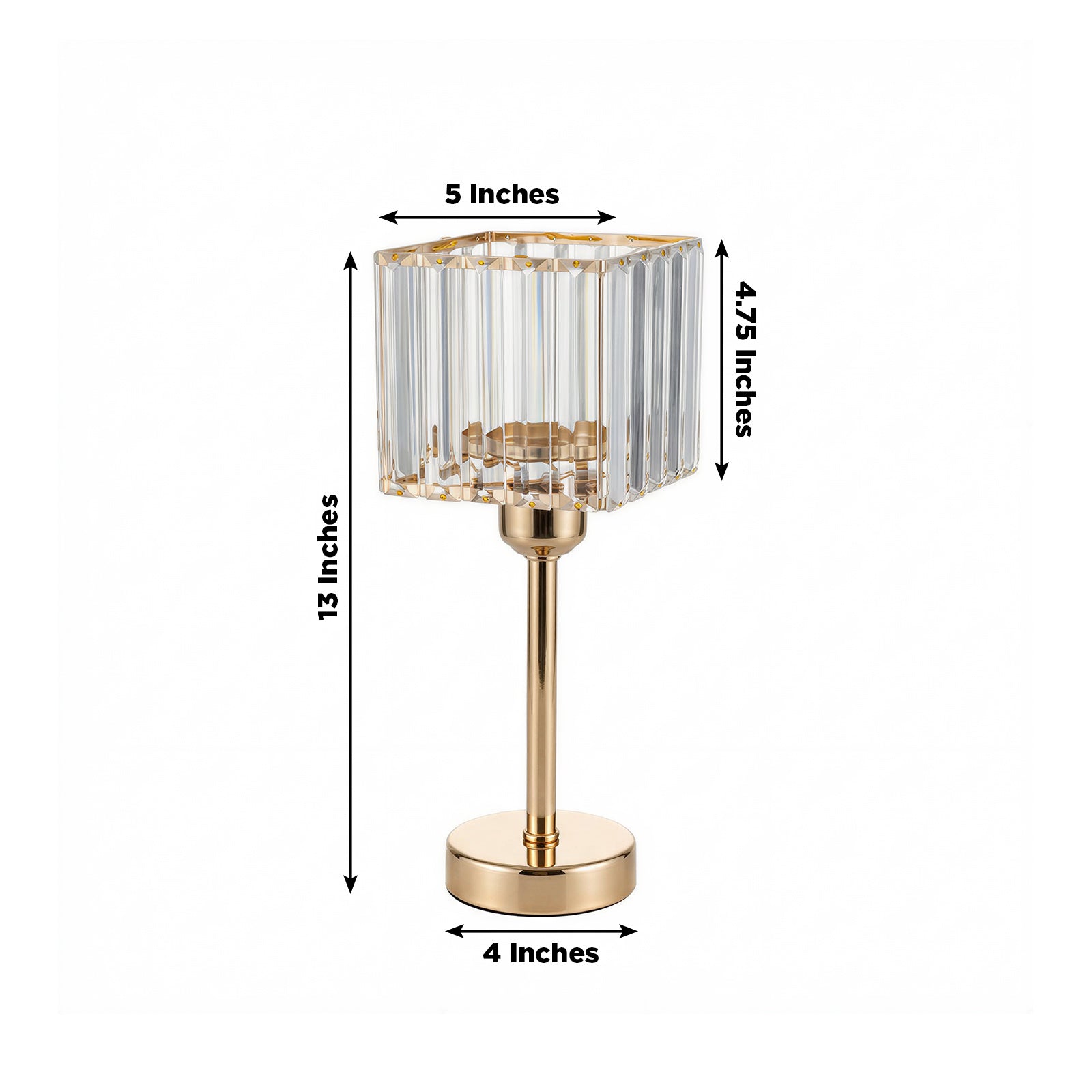 Gold crystal hurricane candle holder with square glass design, 13 inches tall.