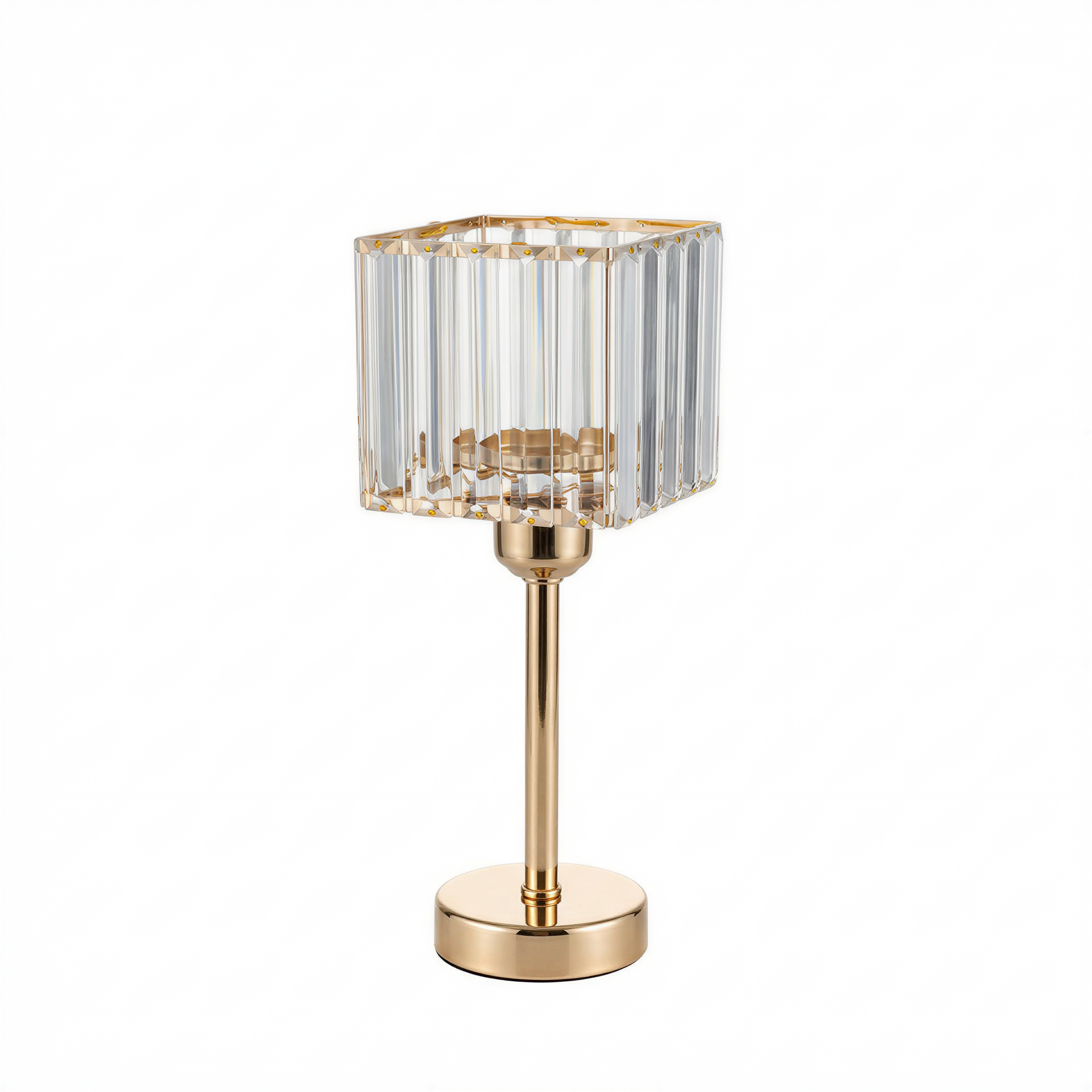 Gold crystal hurricane candle holder with a square design. #whtbkgd