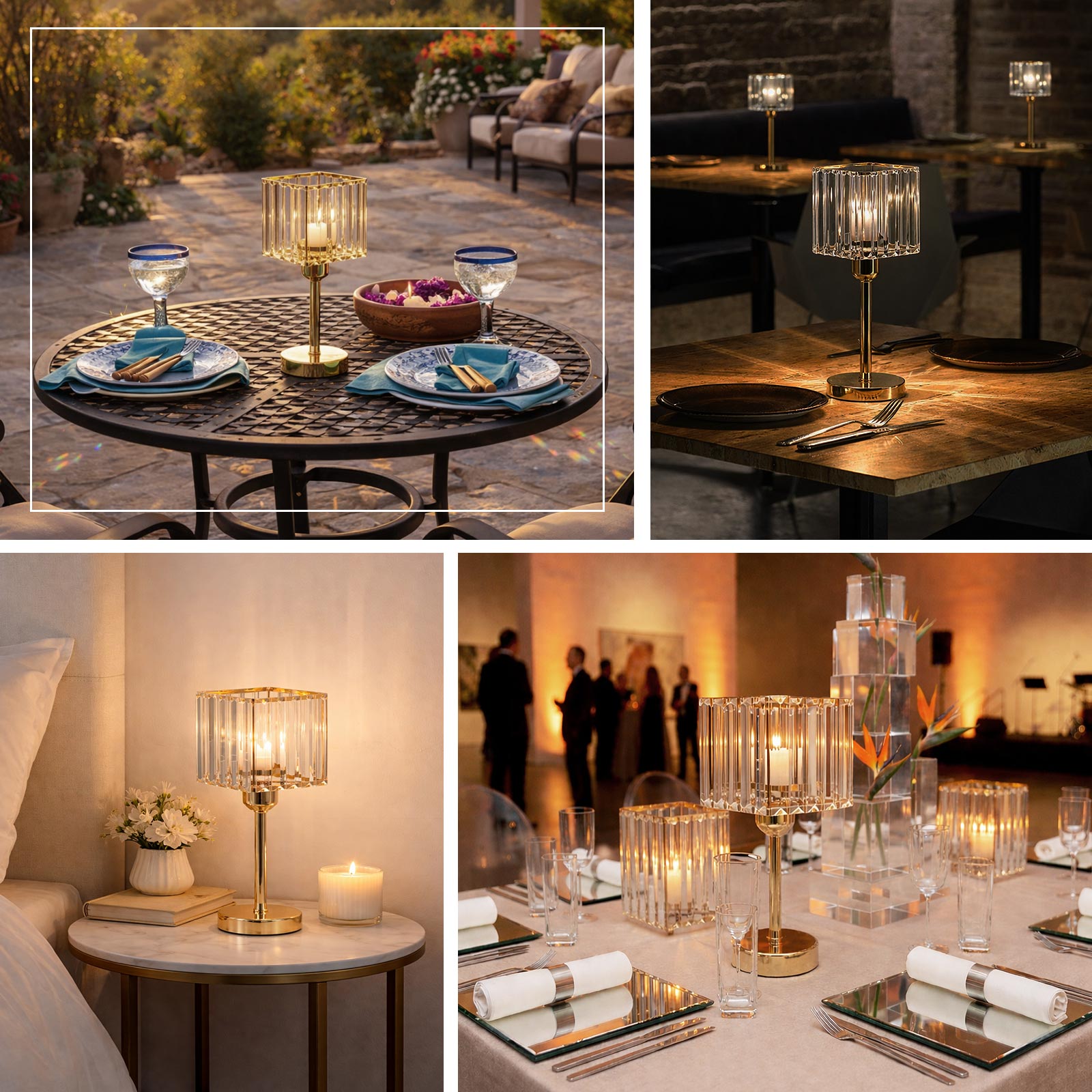 Gold crystal hurricane candle holders on elegant tables.