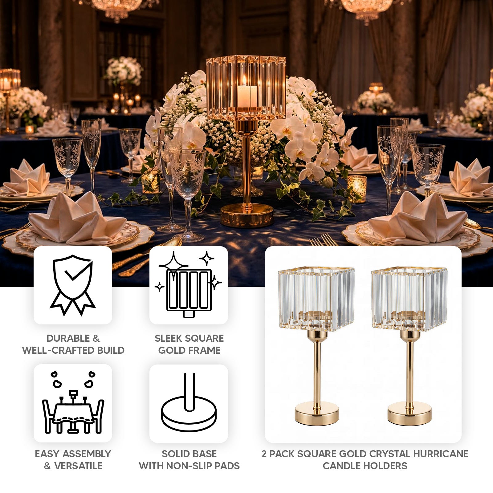 Gold crystal hurricane candle holders on an elegant table setting.