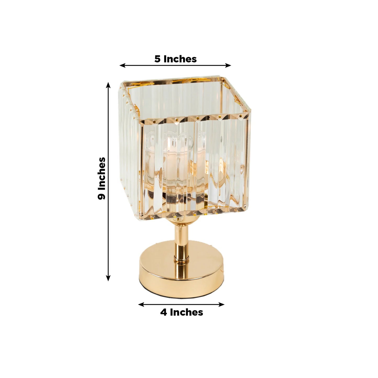Gold crystal hurricane candle holder, elegant square design.