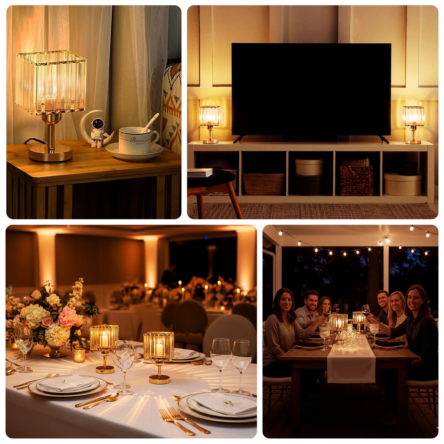 Elegant gold hurricane candle holders for decorative table centerpieces.