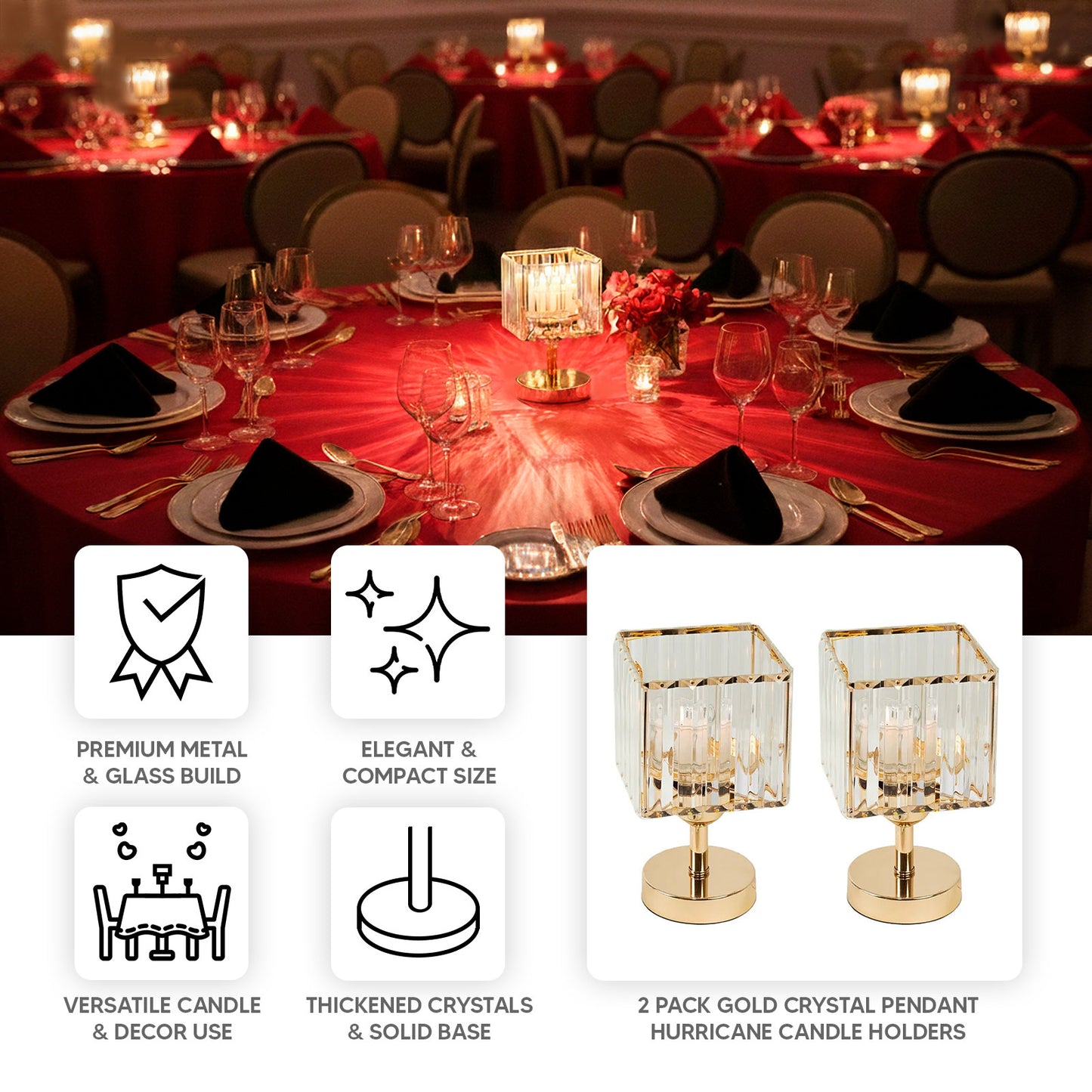 Gold crystal pendant hurricane candle holders for elegant table centerpieces.
