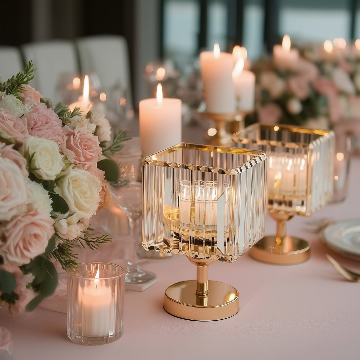 Gold crystal hurricane candle holders for elegant table centerpieces.