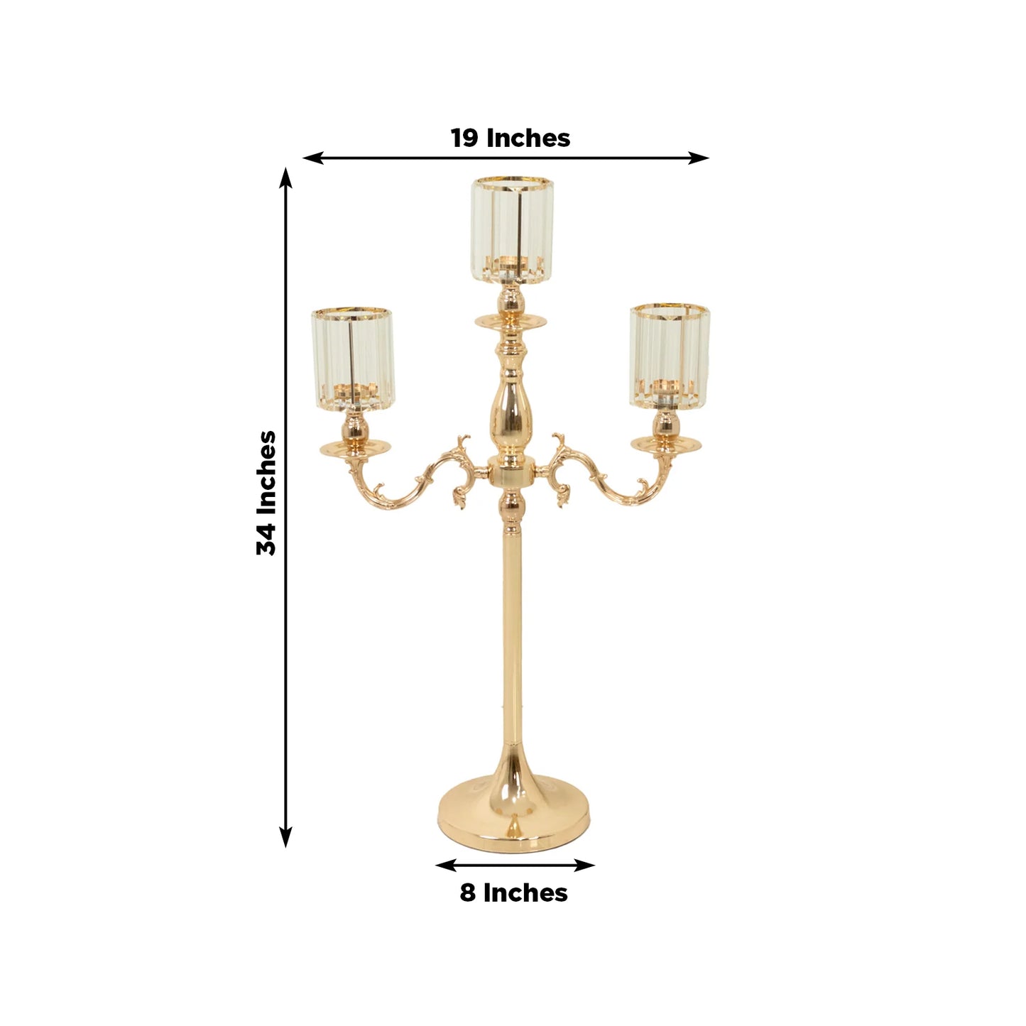 Gold metal 3-arm candelabra with crystal shades, 34" tall candle holder.