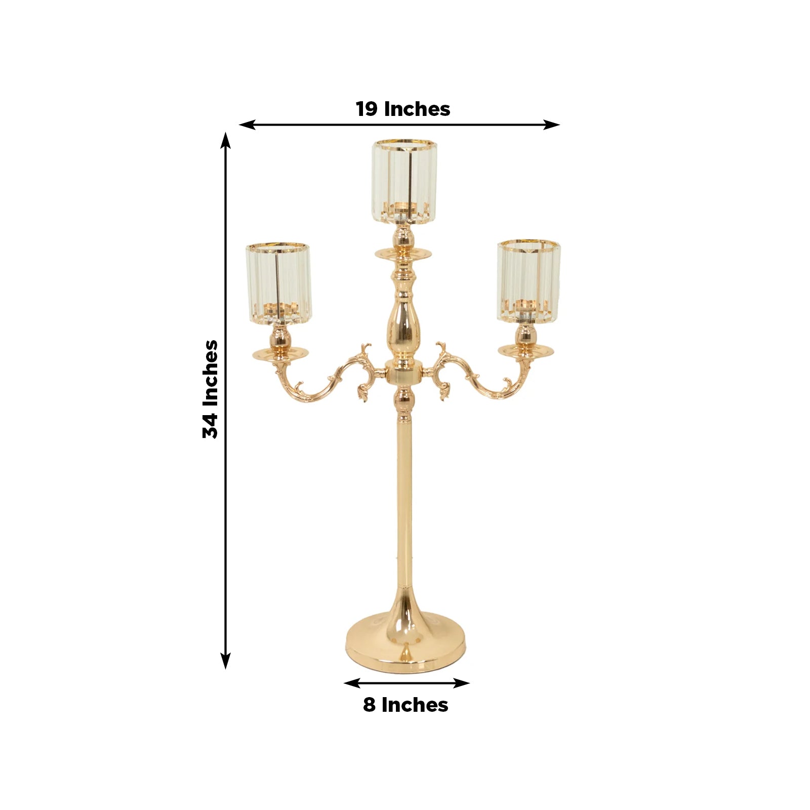 Gold metal 3-arm candelabra with crystal shades, 34" tall candle holder.