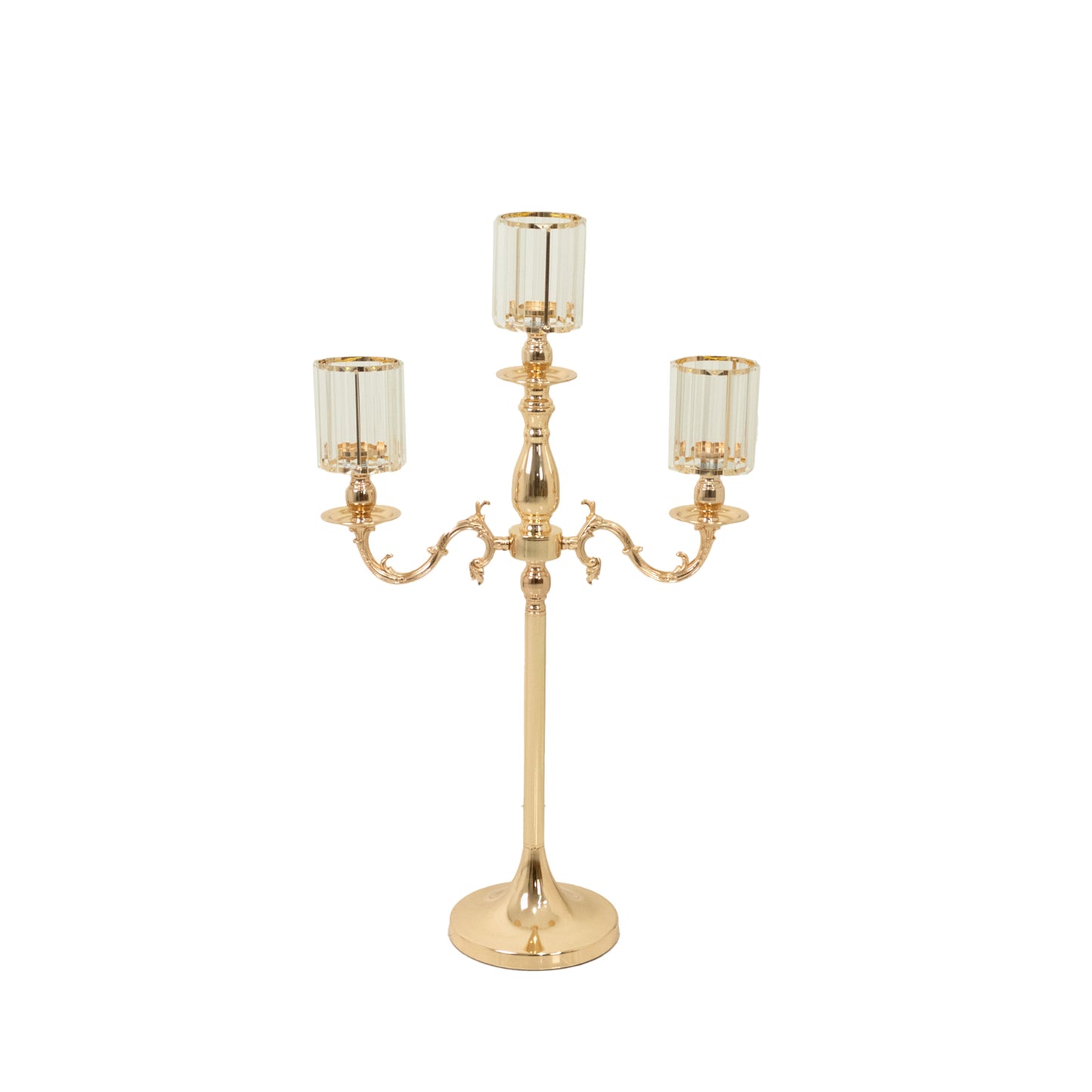 Gold 3-arm candelabra with crystal shades for pillar or flameless candles.