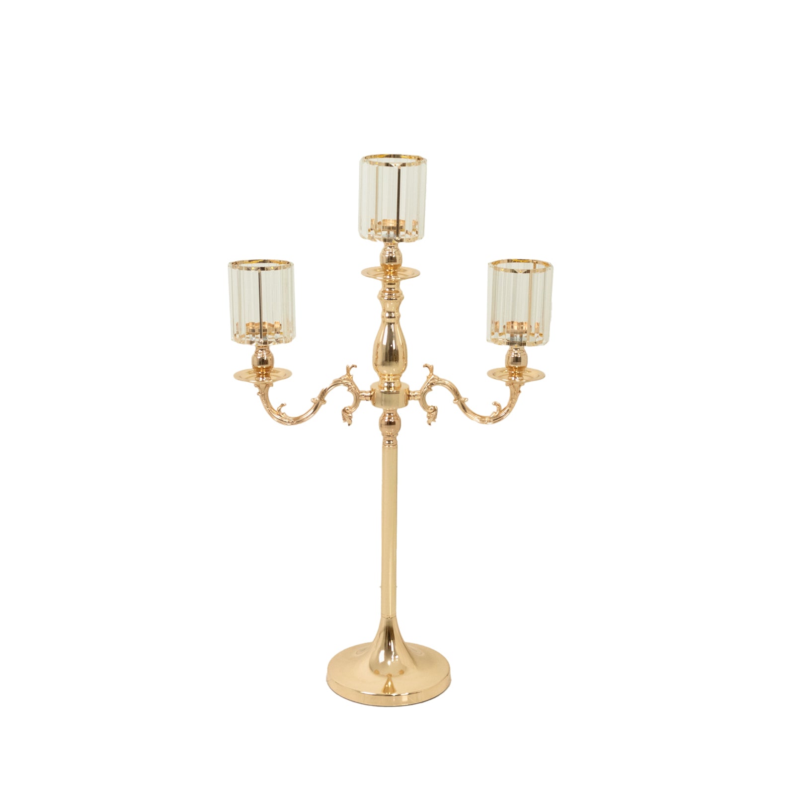 Gold 3-arm candelabra with crystal shades for pillar or flameless candles.