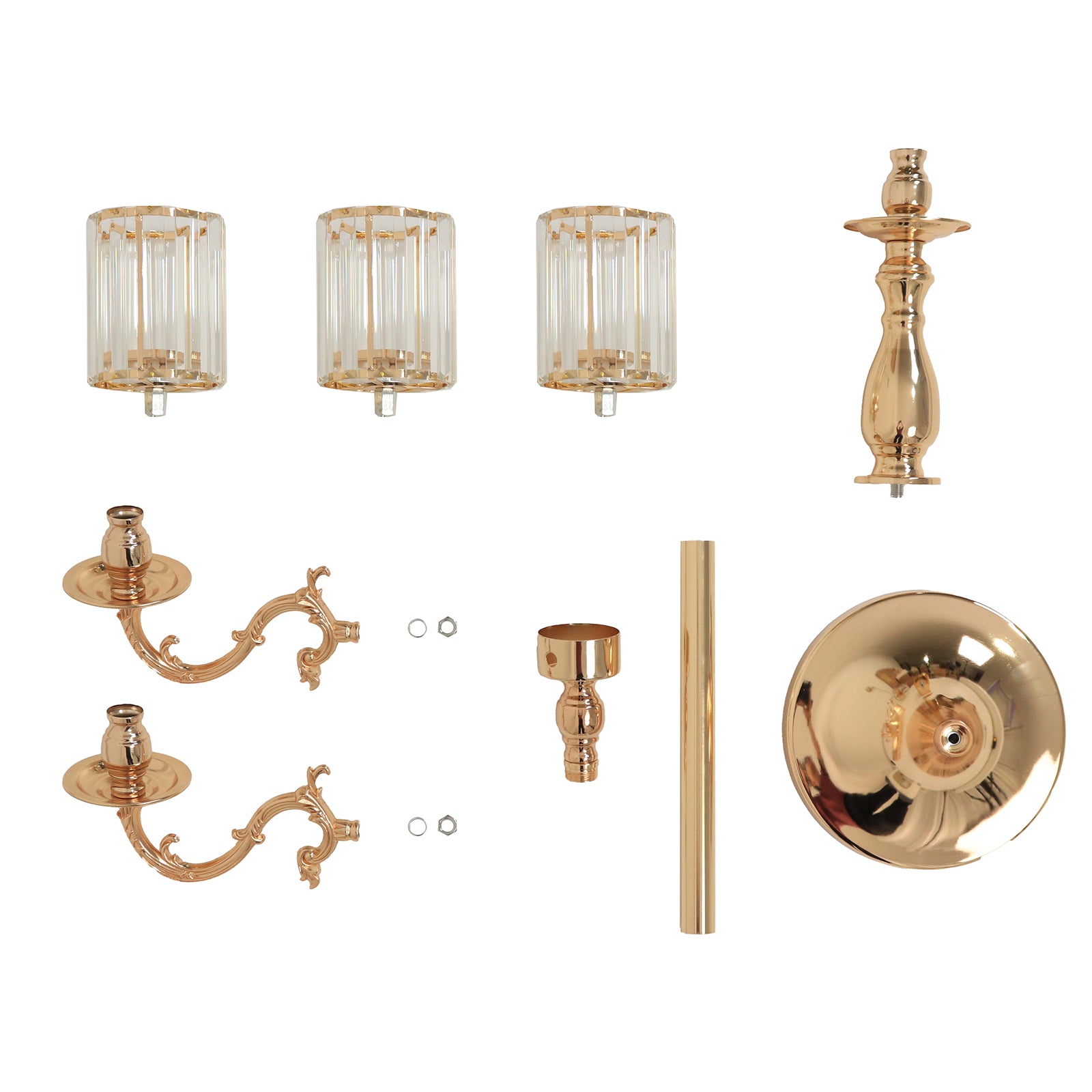 Gold 3-arm candelabra with crystal shades for pillar or flameless candles.